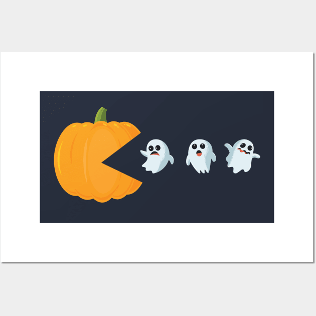 Pumpkin Eating Running Ghosts Wall Art by kevenwal